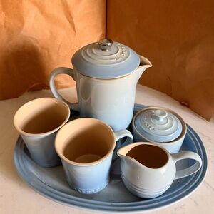 Le Creuset Coastal Blue and Cream Stoneware French Press & Tea Set